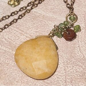 Chic Handmade Gold and Green Pendant Beaded Rock Necklace w Copper 18” Chain